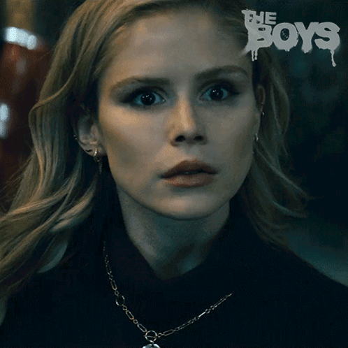 A Close Up Of A Woman 'S Face With The Words " The Boys " On The Bottom GIF