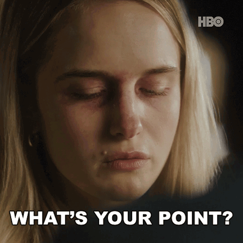 A Close Up Of A Woman 'S Face With The Words " What 'S Your Point " Below It GIF