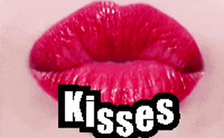 A Close Up Of A Woman 'S Red Lips With The Words `` Kisses '' Written Above Them . GIF