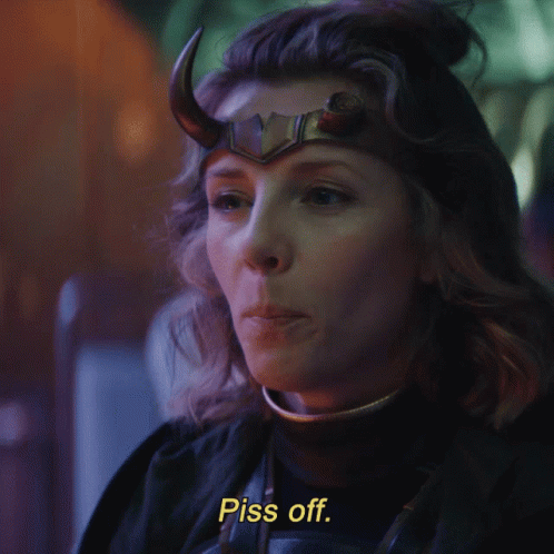A Close Up Of A Woman With Horns And The Words Piss Off GIF