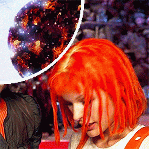 A Close Up Of A Woman With Red Hair And A Picture Of A Planet In The Background GIF