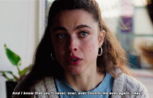 A Close Up Of A Woman With The Words " And I Know That You 'Ll Never Ever Ever Control Me Ever Again Okay " GIF
