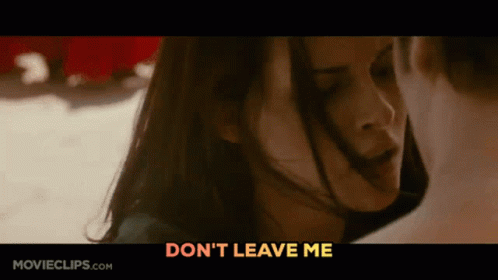 A Close Up Of A Woman With The Words " Do N't Leave Me " On The Bottom GIF