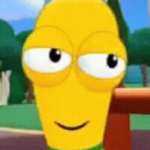 A Close Up Of A Yellow Cartoon Character With Big Eyes And A Smile On His Face . GIF