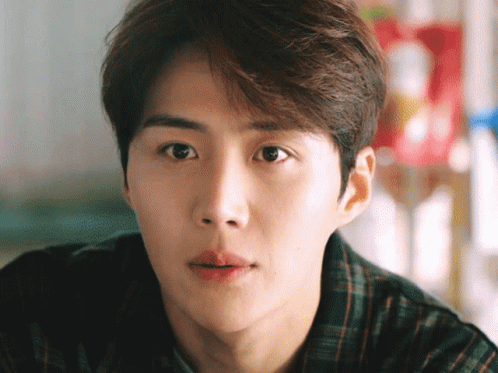 A Close Up Of A Young Man 'S Face With A Plaid Shirt GIF