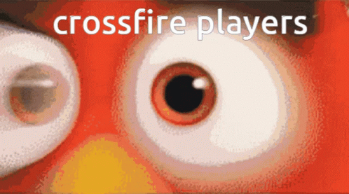 A Close Up Of An Angry Bird 'S Eyes With The Words Crossfire Players Written Above It GIF