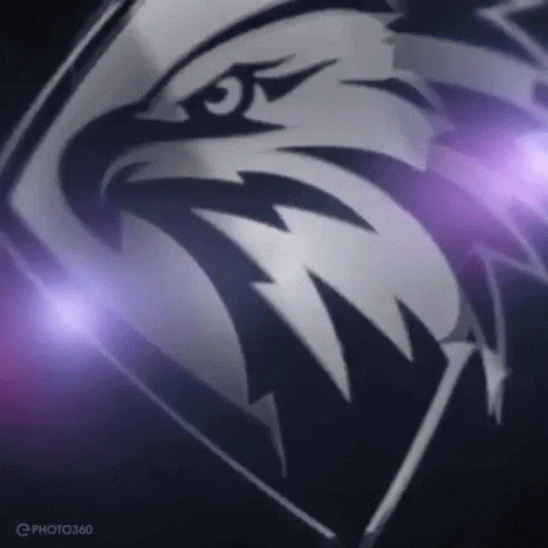 A Close Up Of An Eagle 'S Head On A Dark Background With Purple Lights Behind It . GIF