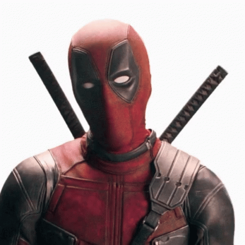 A Close Up Of Deadpool 'S Face With Two Swords On His Shoulder GIF