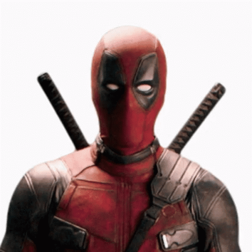 A Close Up Of Deadpool 'S Face With Two Swords On His Shoulders . GIF
