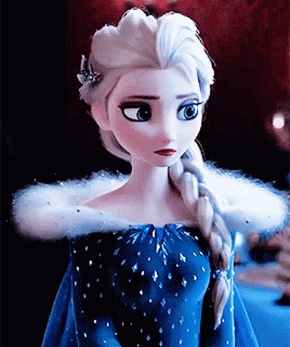 A Close Up Of Elsa From Frozen Wearing A Blue Dress With Snowflakes On It GIF