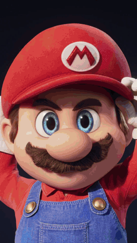 A Close Up Of Mario Wearing Overalls And A Red Hat With A M On It GIF