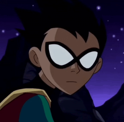 A Close Up Of Robin 'S Face With A Purple Sky Behind Him GIF