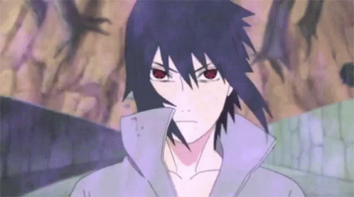 A Close Up Of Sasuke Uchiha From Naruto With Red Eyes And A Purple Jacket . GIF