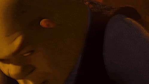 A Close Up Of Shrek 'S Face With A Yellow Background GIF