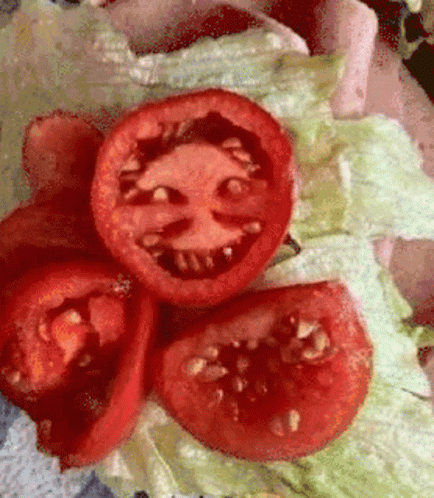 A Close Up Of Sliced Tomatoes On A Lettuce Leaf GIF