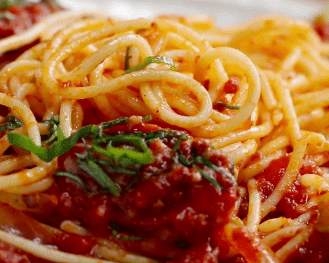 A Close Up Of Spaghetti With Tomato Sauce And Meatballs GIF