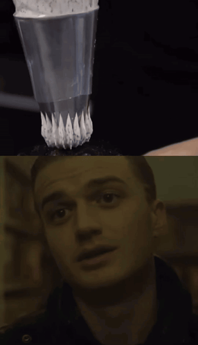 a close up of whipped cream and a close up of a man