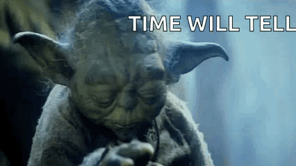 A Close Up Of Yoda Smoking A Cigarette With The Words `` Time Will Tell '' Behind Him . GIF