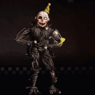 A Clown From Five Nights At Freddy 'S Is Standing In A Dark Room Holding A Balloon . GIF