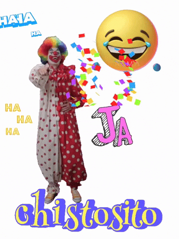 A Clown In A Red And White Polka Dot Outfit Stands In Front Of A Smiley Face That Says Jaja Jaja GIF
