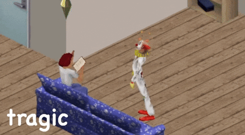 A Clown Is Standing In Front Of A Person Reading A Book And The Word Tragic Is On The Bottom Right GIF