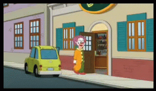A Clown Is Standing In Front Of A Store GIF
