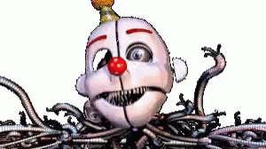 A Clown With A Red Nose Is Surrounded By A Bunch Of Wires And Is Looking At The Camera . GIF