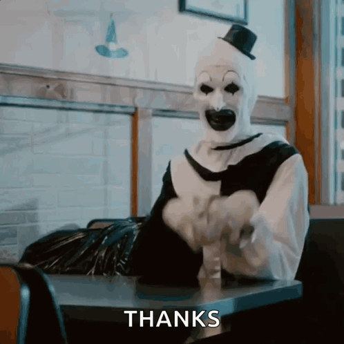 A Clown With A Top Hat Is Sitting At A Table With The Words Thanks Behind Him GIF