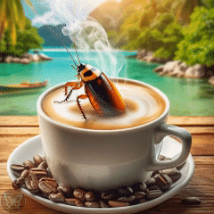 a cockroach is sitting on top of a cup of coffee on a saucer