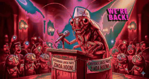 A Cockroach Speaking Into A Microphone In Front Of A Crowd Of Cockroaches With A Sign That Says Zinda Hoon GIF