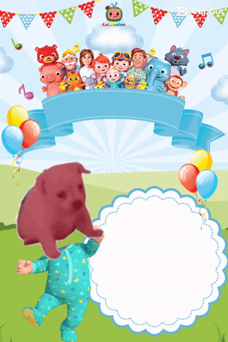 a cocomelon poster with a baby and balloons