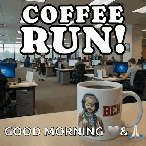 A Coffee Mug With Ben On It Sits On A Table GIF