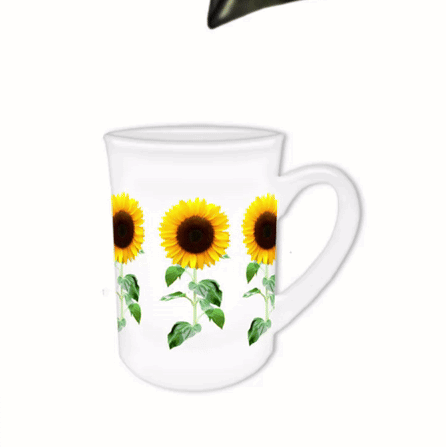 A Coffee Mug With Sunflowers On It And The Words Coffee Coffee More Coffee Below It GIF