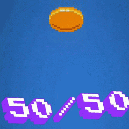 A Coin Is Being Thrown In The Air With The Numbers 50 And 50 Next To It GIF