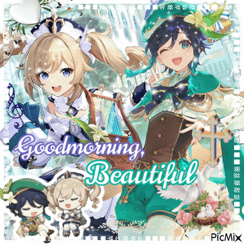 A Collage Of Anime Characters With The Words " Good Morning Beautiful " On The Bottom GIF