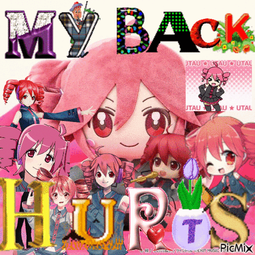 A Collage Of Anime Characters With The Words " My Back " In The Middle GIF