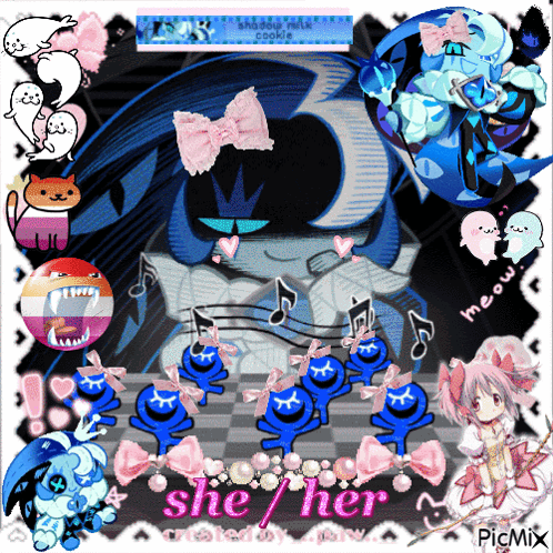 a collage of anime characters with the words she her