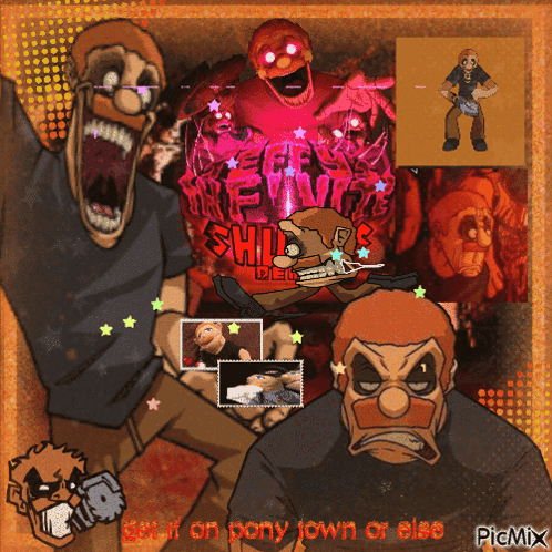a collage of cartoon characters and the words get it on pony town or else