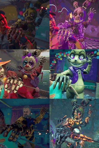 A Collage Of Cartoon Characters Including A Clown A Cat And A Robot GIF