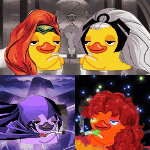 A Collage Of Cartoon Characters Including A Duck With Red Hair GIF