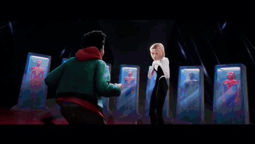 A Collage Of Cartoon Characters Including Miles Morales And Gwen Stacy GIF