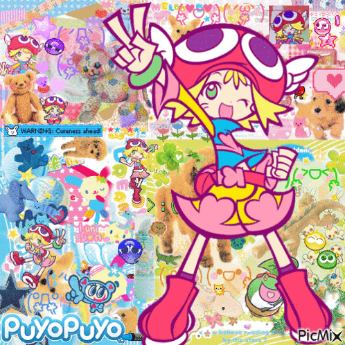 A Collage Of Cartoon Characters Including Puyo Puyo And Warning Cuteness Ahead GIF