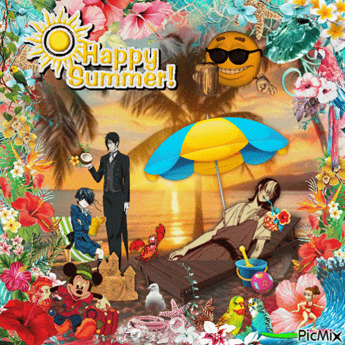 A Collage Of Cartoon Characters On A Beach With The Words Happy Summer GIF