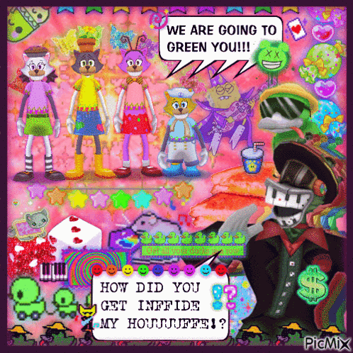 A Collage Of Cartoon Characters Says We Are Going To Green You !!! GIF