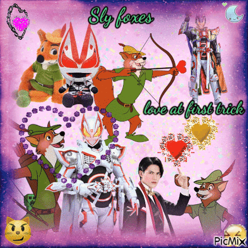 A Collage Of Cartoon Characters With The Words Sly Foxes Love At First Trick At The Bottom GIF