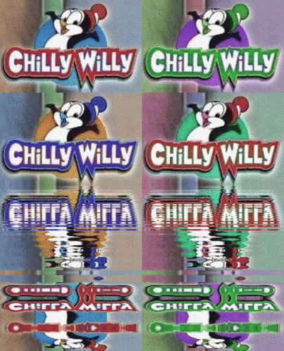 A Collage Of Chilly Willy Logos On A Purple Background GIF