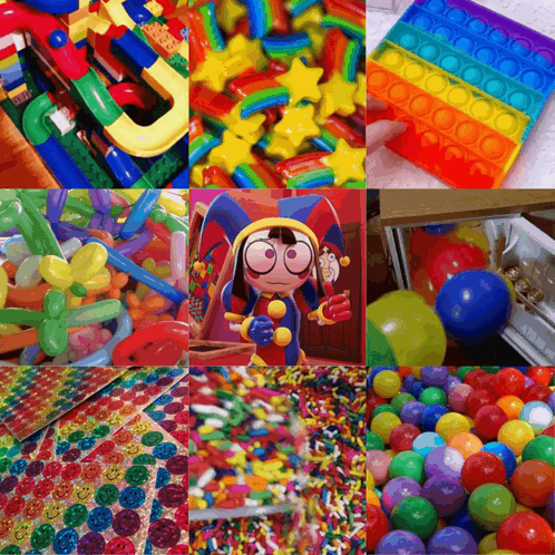 A Collage Of Colorful Toys Including Balloons Stickers And A Pop It GIF