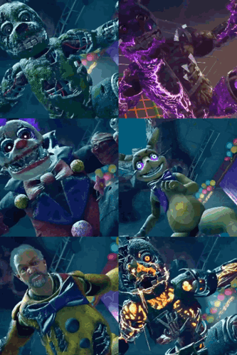 A Collage Of Five Nights At Freddy 'S Characters Including A Clown And A Rabbit GIF