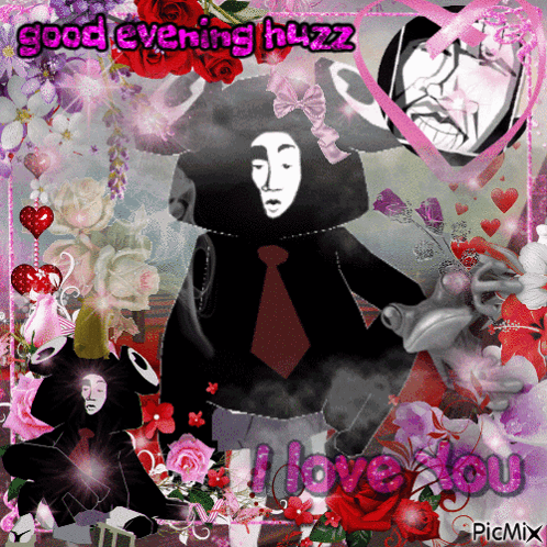 A Collage Of Flowers And Hearts With The Words Good Evening Huzz I Love You GIF