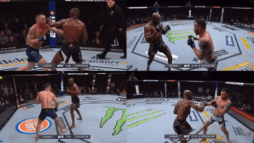 A Collage Of Four Images Of A Ufc Fight With A Monster Energy Logo In The Background GIF
